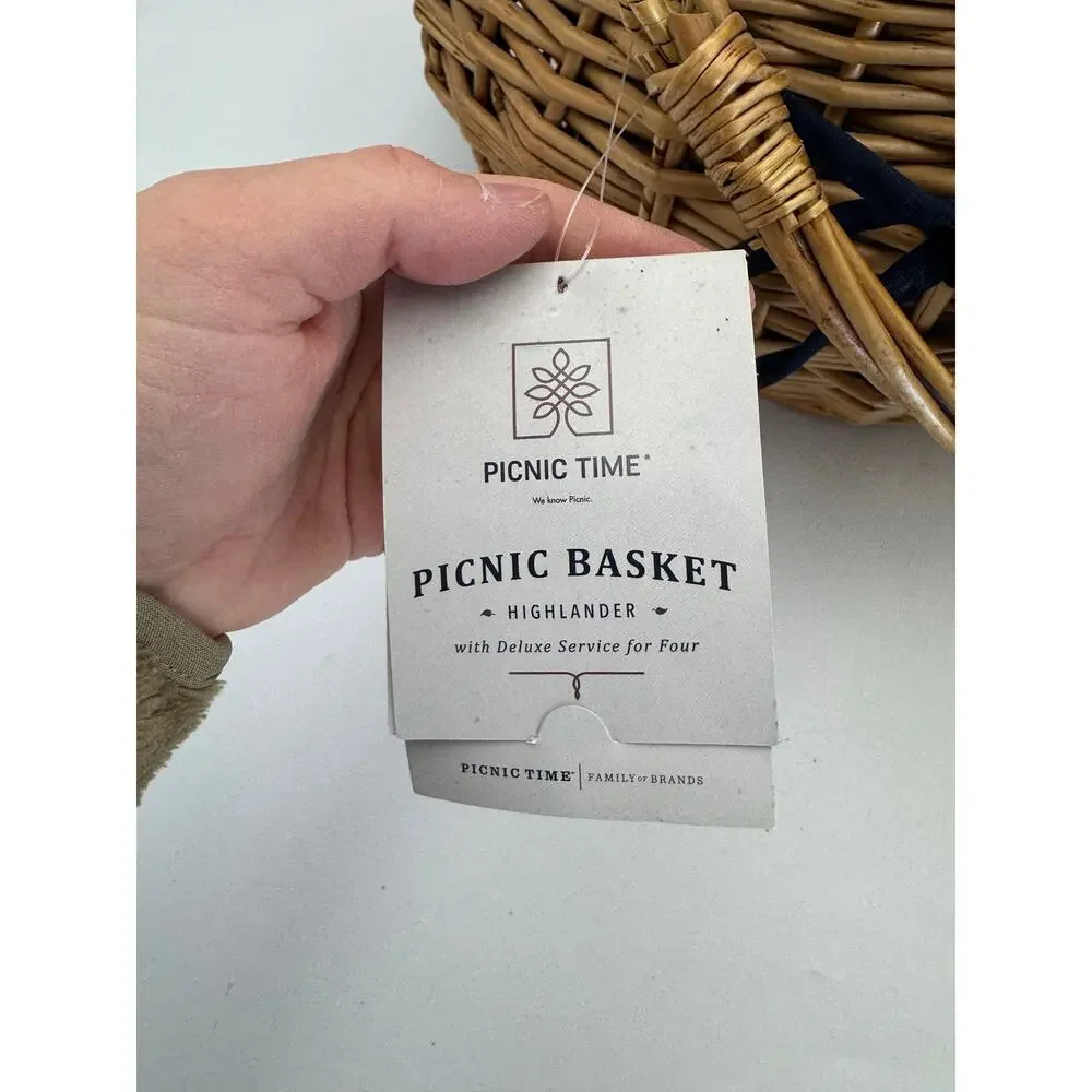 Wicker Picnic Basket with Handle and Navy Accent